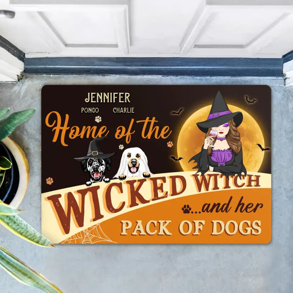 Personalized Halloween Witch Dog Doormat - Gift Idea For Family/Pet Lover - Up to 7 Dogs - Home Of The Wicked Witch And Her Pack Of Dogs