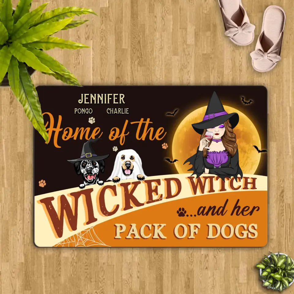 Personalized Halloween Witch Dog Doormat - Gift Idea For Family/Pet Lover - Up to 7 Dogs - Home Of The Wicked Witch And Her Pack Of Dogs