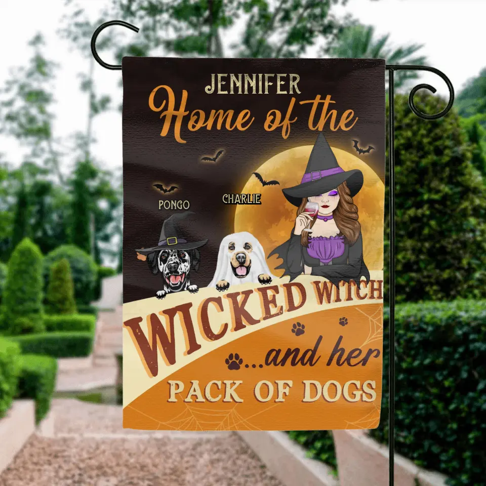 Personalized Halloween Witch Dog Flag Sign - Gift Idea For Family/Pet Lover - Up to 5 Dogs - Home Of The Wicked Witch And Her Pack Of Dogs