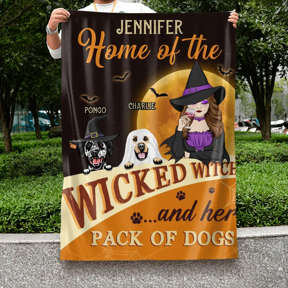 Personalized Halloween Witch Dog Flag Sign - Gift Idea For Family/Pet Lover - Up to 5 Dogs - Home Of The Wicked Witch And Her Pack Of Dogs