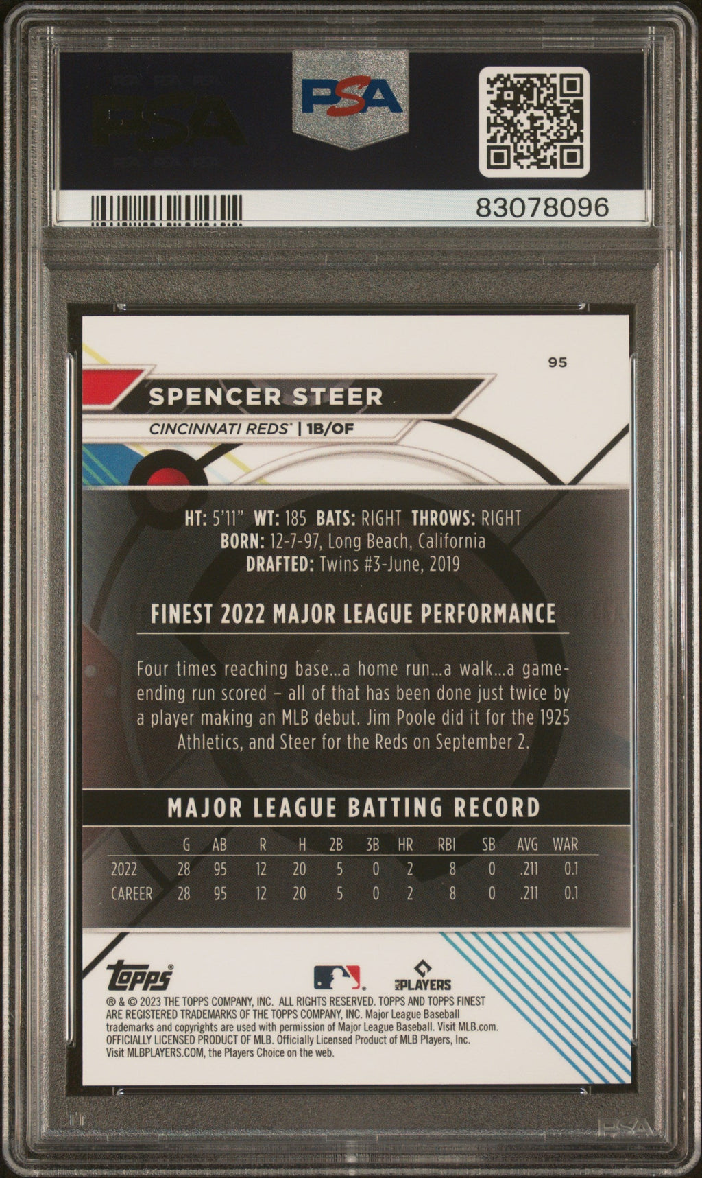 Graded 2023 Topps Finest Spencer Steer #95 Green Lava /99 Rookie RC Baseball Card PSA 10 Gem Mint