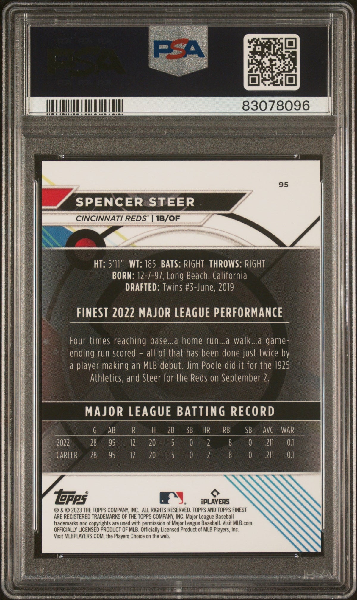Graded 2023 Topps Finest Spencer Steer #95 Green Lava /99 Rookie RC Baseball Card PSA 10 Gem Mint