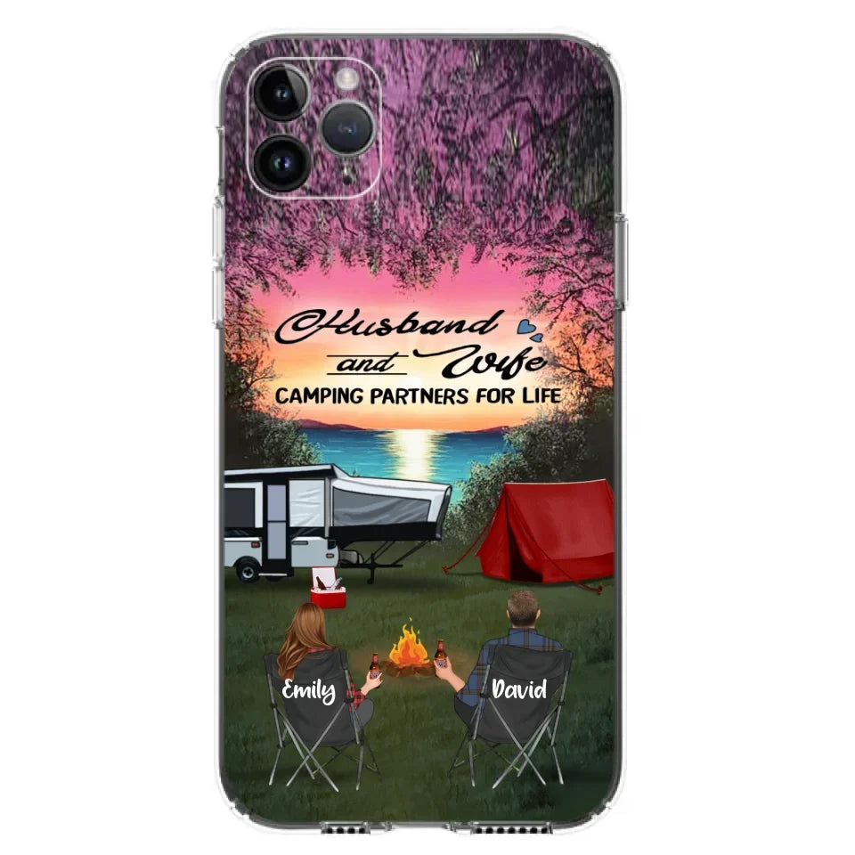 Custom Personalized Camping Phone Case - Couple With Upto 3 Kids And 4 Pets - Gift Idea For Camping Lover - Husband And Wife Camping Partners For Life - Case For iPhone And Samsung