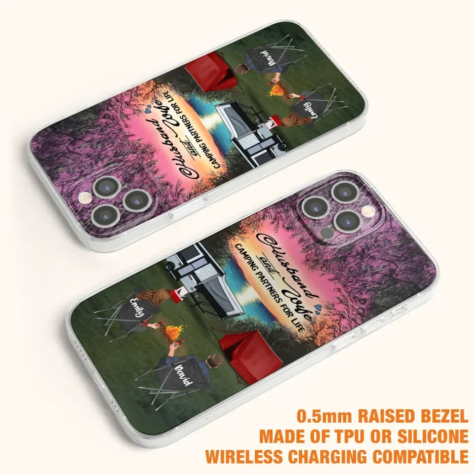 Custom Personalized Camping Phone Case - Couple With Upto 3 Kids And 4 Pets - Gift Idea For Camping Lover - Husband And Wife Camping Partners For Life - Case For iPhone And Samsung