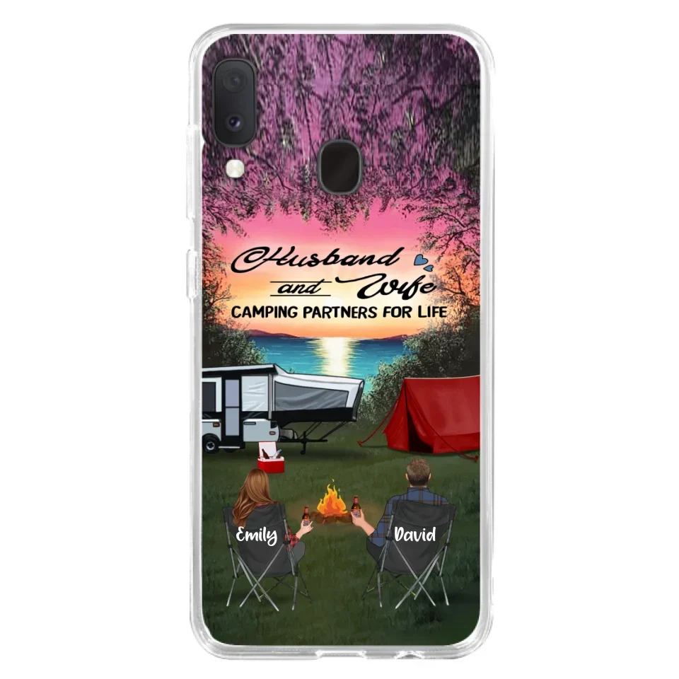 Custom Personalized Camping Phone Case - Couple With Upto 3 Kids And 4 Pets - Gift Idea For Camping Lover - Husband And Wife Camping Partners For Life - Case For iPhone And Samsung