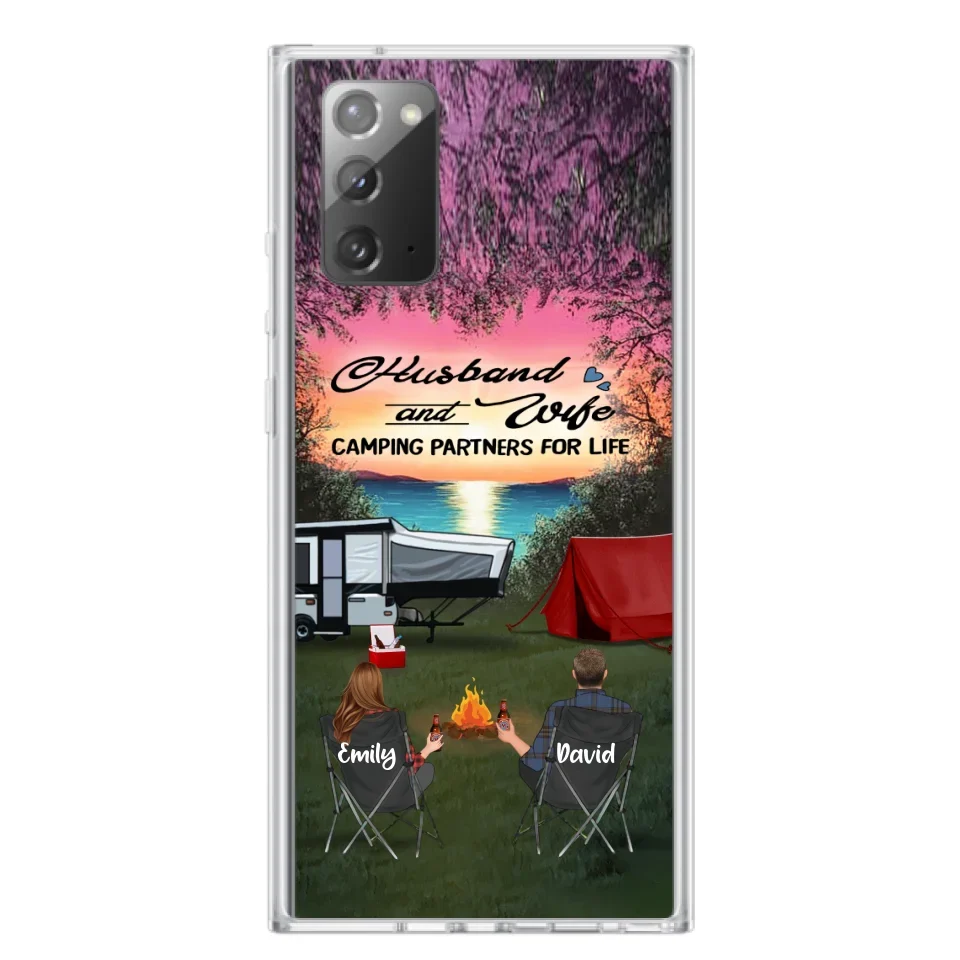 Custom Personalized Camping Phone Case - Couple With Upto 3 Kids And 4 Pets - Gift Idea For Camping Lover - Husband And Wife Camping Partners For Life - Case For iPhone And Samsung