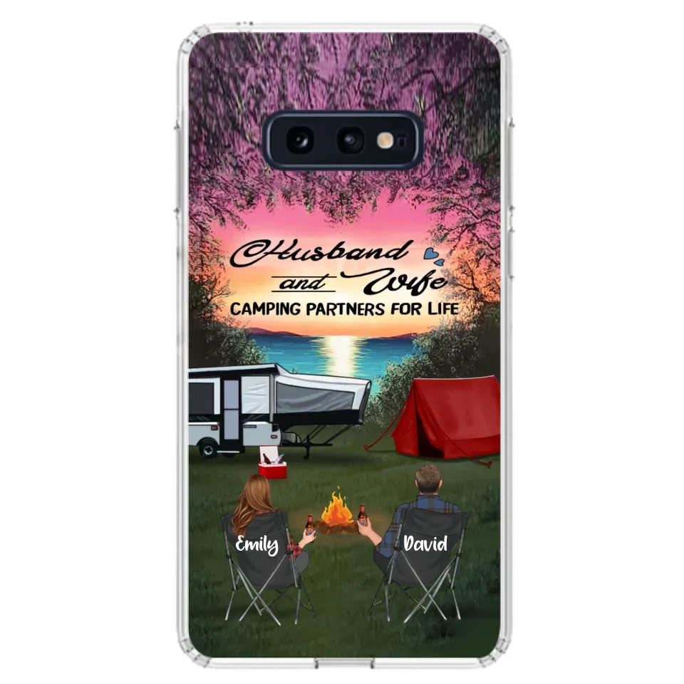 Custom Personalized Camping Phone Case - Couple With Upto 3 Kids And 4 Pets - Gift Idea For Camping Lover - Husband And Wife Camping Partners For Life - Case For iPhone And Samsung