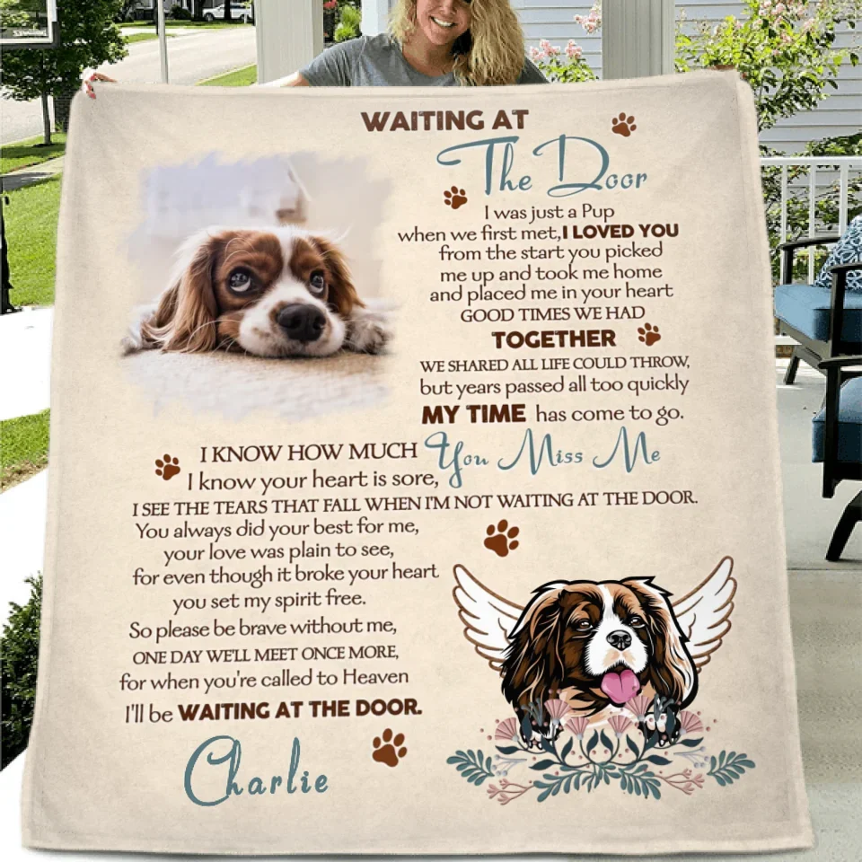 Personalized Memorial Quilt/Fleece Throw Blanket - Memorial Gift Idea For Dog Lover - Waiting At The Door