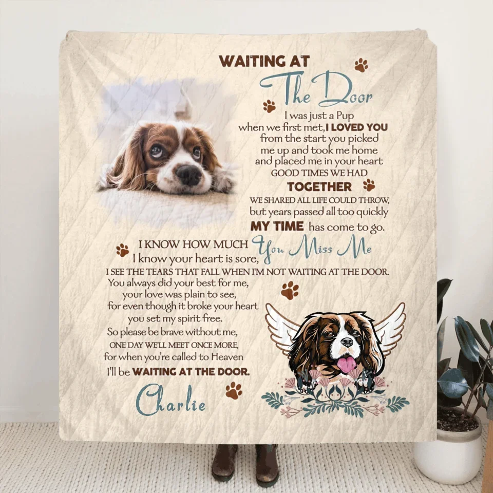 Personalized Memorial Quilt/Fleece Throw Blanket - Memorial Gift Idea For Dog Lover - Waiting At The Door