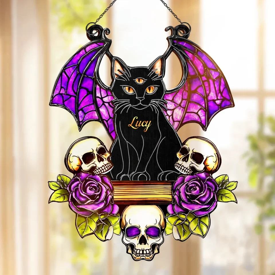 Personalized Cat Hanging Suncatcher Ornament - Gift Idea For Halloween/Cat Lover - Custom Cat's Name