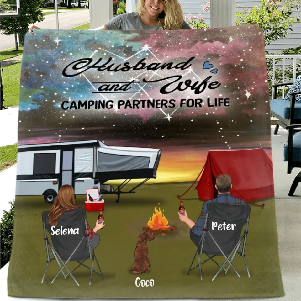 Personalized Night Camping Quilt/Fleece Blanket/Pillow Cover - Gift Idea For Dog/Cat Lovers/Camping Lovers - Camping Partners For Life