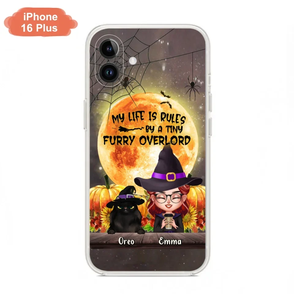 Custom Personalized Cat Witch Phone Case - Upto 5 Cats - Halloween Gift Idea For Cat Lovers - My Life Is Ruled By A Tiny Furry Overlord - Case For iPhone And Samsung