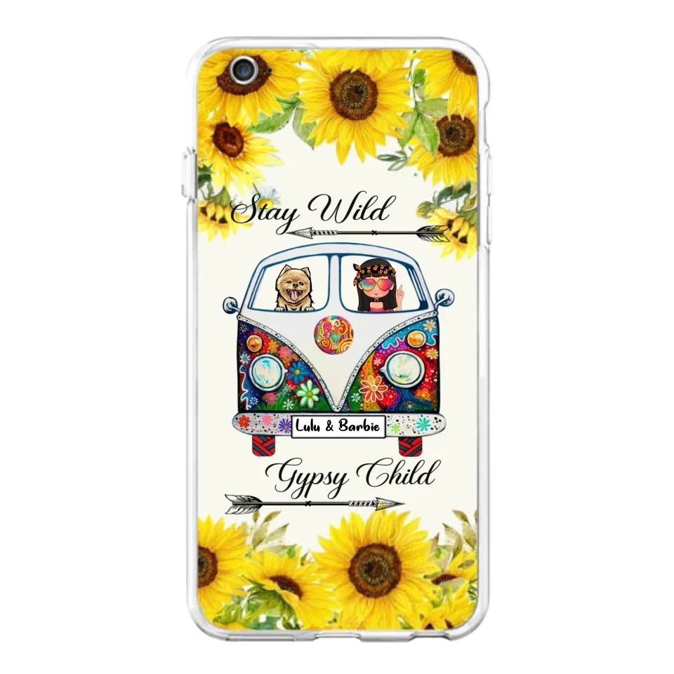 Personalized Hippie Girl Phone Case - Girl with up to 3 Pets - Phone case for iPhone, Samsung and Xiaomi