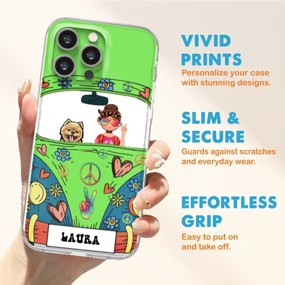 Personalized Hippie Girl Phone Case - Girl with up to 3 Pets - Case for iPhone, Samsung and Xiaomi