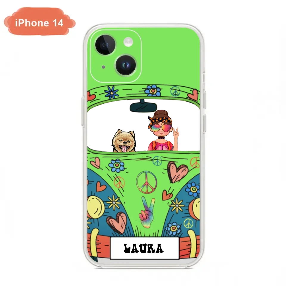Personalized Hippie Girl Phone Case - Girl with up to 3 Pets - Case for iPhone, Samsung and Xiaomi