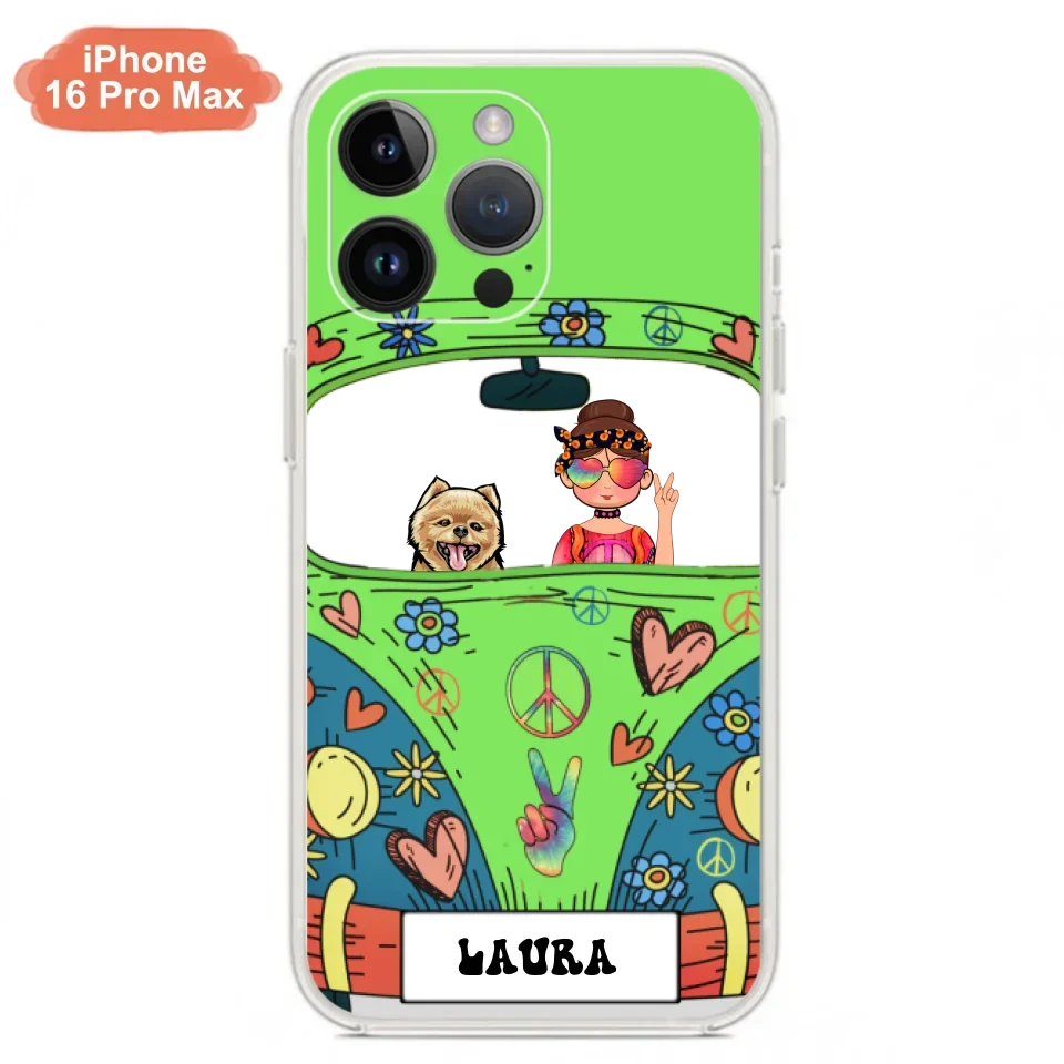Personalized Hippie Girl Phone Case - Girl with up to 3 Pets - Case for iPhone, Samsung and Xiaomi