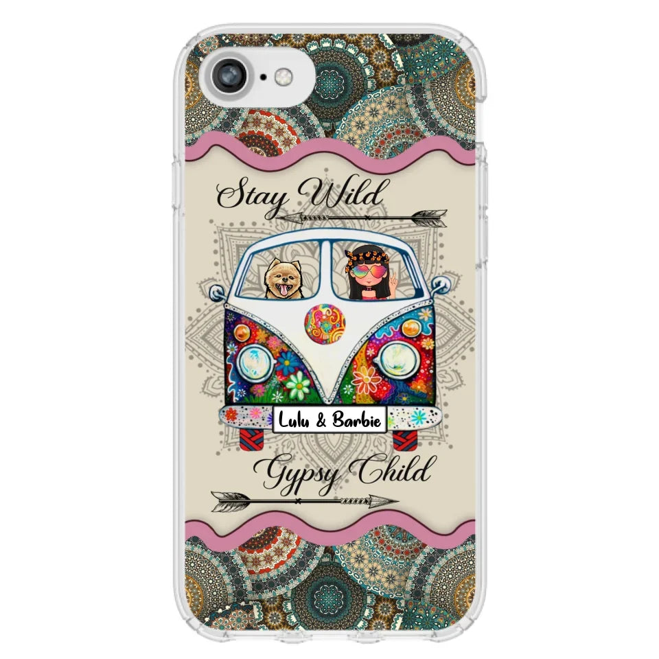 Personalized Hippie Phone Case - Girl with up to 3 Pets - Stay wild gypsy child