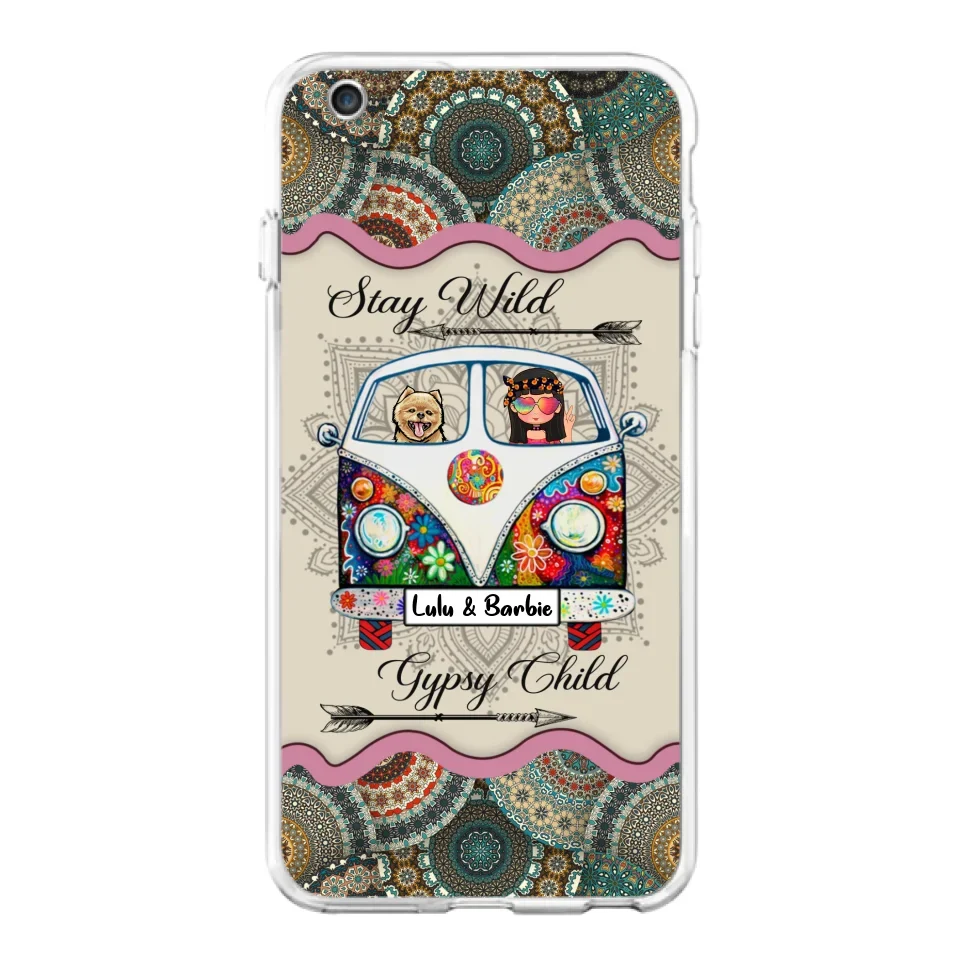 Personalized Hippie Phone Case - Girl with up to 3 Pets - Stay wild gypsy child