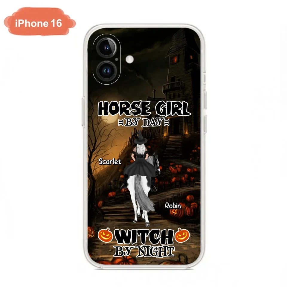 Custom Personalized Witch Riding Horse Phone Case - Halloween Gift For Horse Lovers/ Friends/ Besties - Upto 4 Girls - Horse Girl By Day Witch By Night - Case For iPhone And Samsung