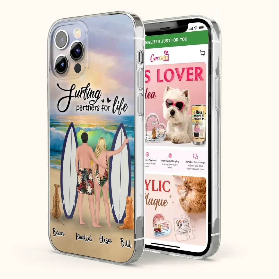Custom Personalized Surfing Phone Case - Couple And 2 Pets - Phone Case For iPhone and Samsung - Surfing Partners For Life - CCS180