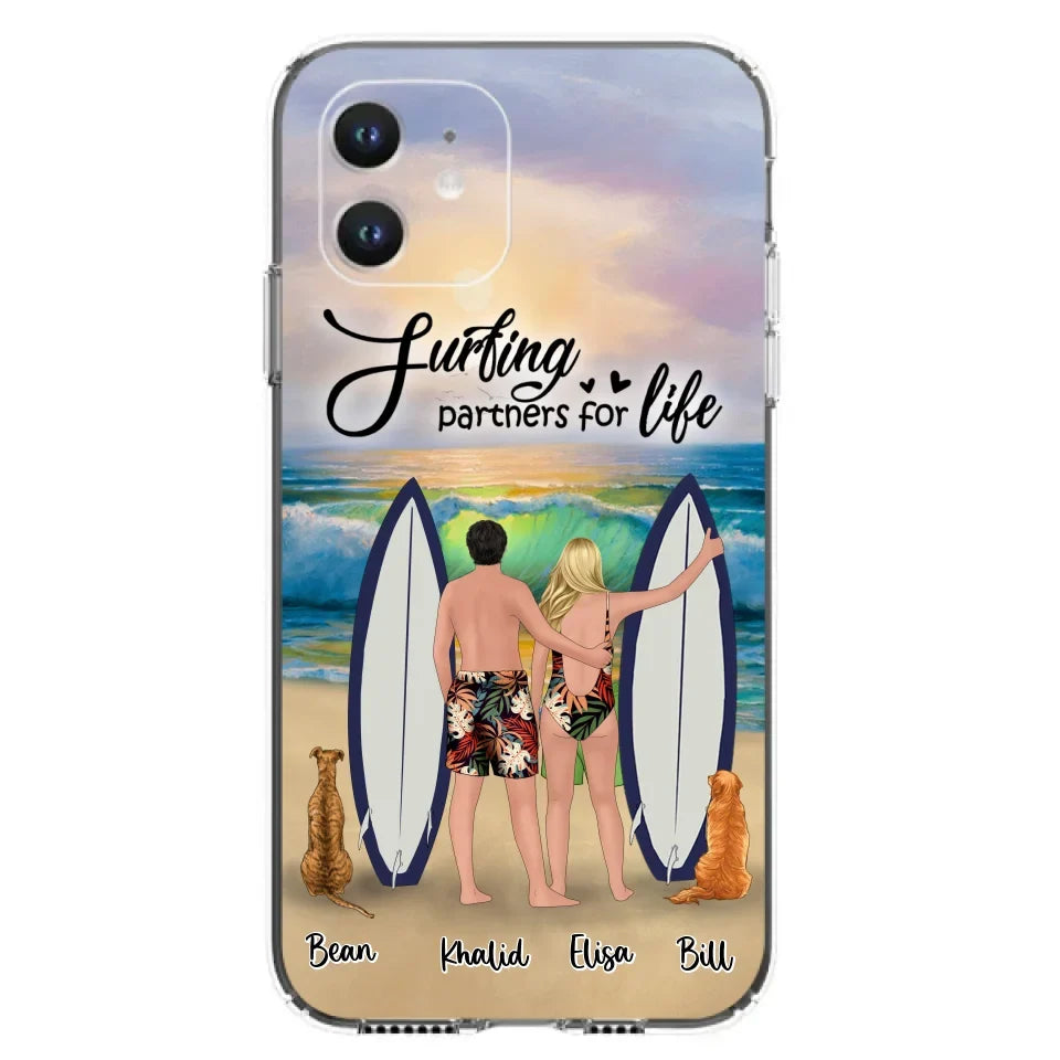 Custom Personalized Surfing Phone Case - Couple And 2 Pets - Phone Case For iPhone and Samsung - Surfing Partners For Life - CCS180