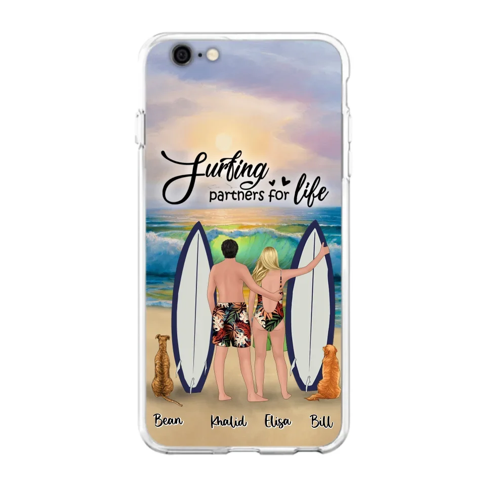 Custom Personalized Surfing Phone Case - Couple And 2 Pets - Phone Case For iPhone and Samsung - Surfing Partners For Life - CCS180