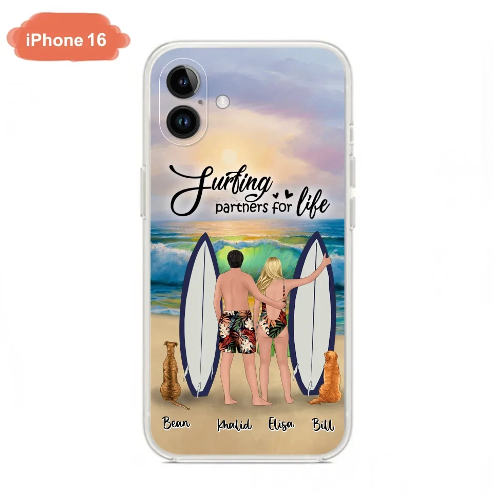 Custom Personalized Surfing Phone Case - Couple And 2 Pets - Phone Case For iPhone and Samsung - Surfing Partners For Life - CCS180