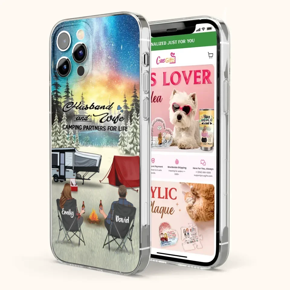 Custom Personalized Camping Xmas Phone Case - Christmas Gift For Camping Family/Couple/Single Parent/Solo - Upto 3 Kids and 4 Pets - Husband And Wife Camping Partners For Life - Case For iPhone And Samsung