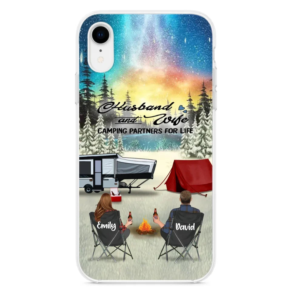 Custom Personalized Camping Xmas Phone Case - Christmas Gift For Camping Family/Couple/Single Parent/Solo - Upto 3 Kids and 4 Pets - Husband And Wife Camping Partners For Life - Case For iPhone And Samsung