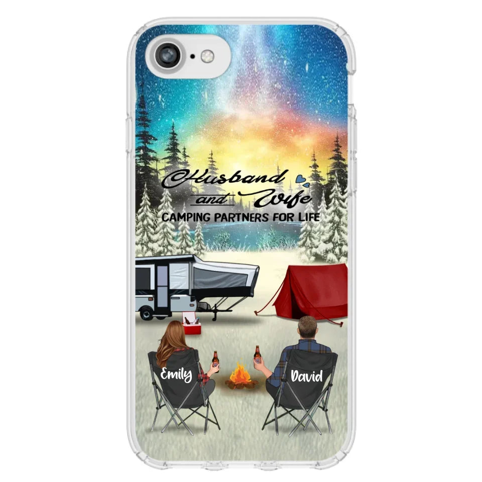 Custom Personalized Camping Xmas Phone Case - Christmas Gift For Camping Family/Couple/Single Parent/Solo - Upto 3 Kids and 4 Pets - Husband And Wife Camping Partners For Life - Case For iPhone And Samsung
