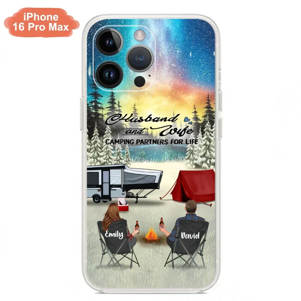Custom Personalized Camping Xmas Phone Case - Christmas Gift For Camping Family/Couple/Single Parent/Solo - Upto 3 Kids and 4 Pets - Husband And Wife Camping Partners For Life - Case For iPhone And Samsung