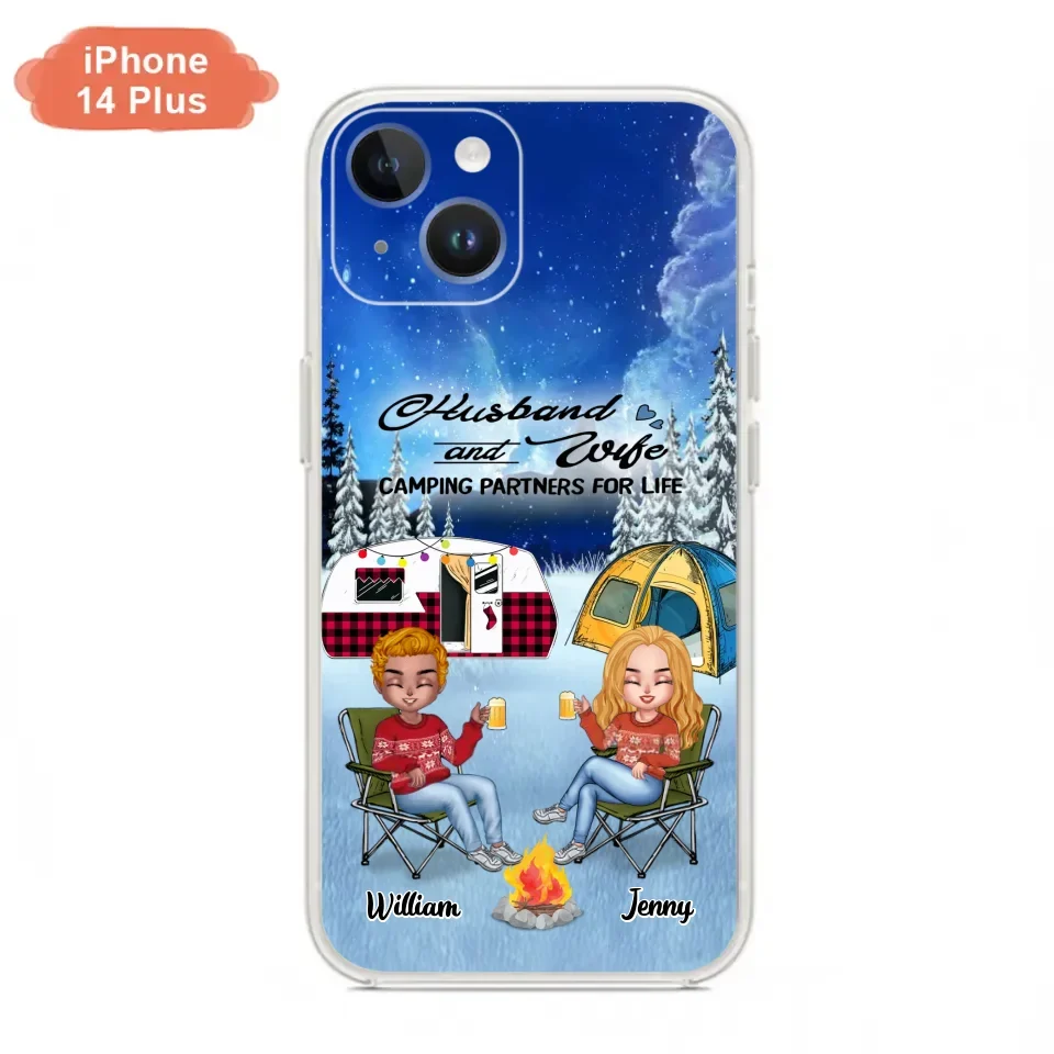 Personalized Camping Couple Xmas Phone Case - Christmas Gift For Couple/Camping Lover/ Dog Lover - Couple With Up to 4 Dogs - Husband And Wife Camping Partners For Life - Case For iPhone And Samsung