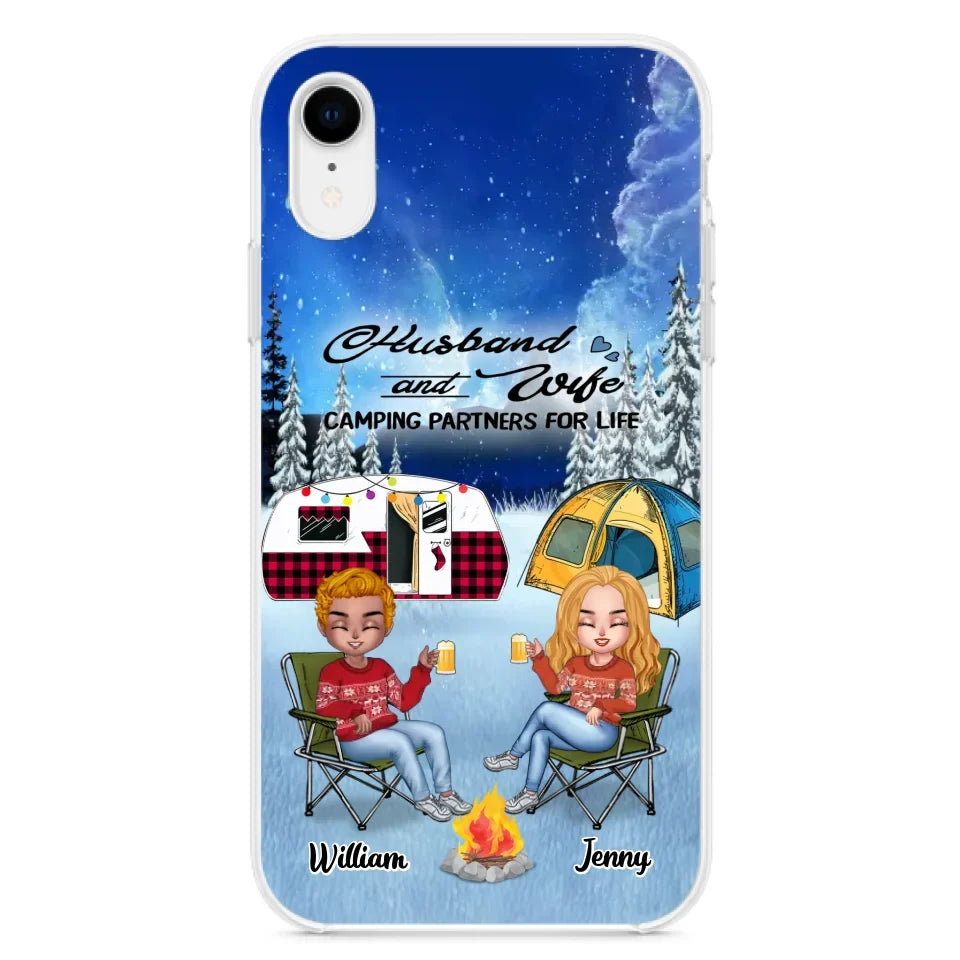 Personalized Camping Couple Xmas Phone Case - Christmas Gift For Couple/Camping Lover/ Dog Lover - Couple With Up to 4 Dogs - Husband And Wife Camping Partners For Life - Case For iPhone And Samsung
