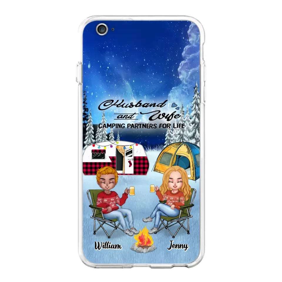 Personalized Camping Couple Xmas Phone Case - Christmas Gift For Couple/Camping Lover/ Dog Lover - Couple With Up to 4 Dogs - Husband And Wife Camping Partners For Life - Case For iPhone And Samsung