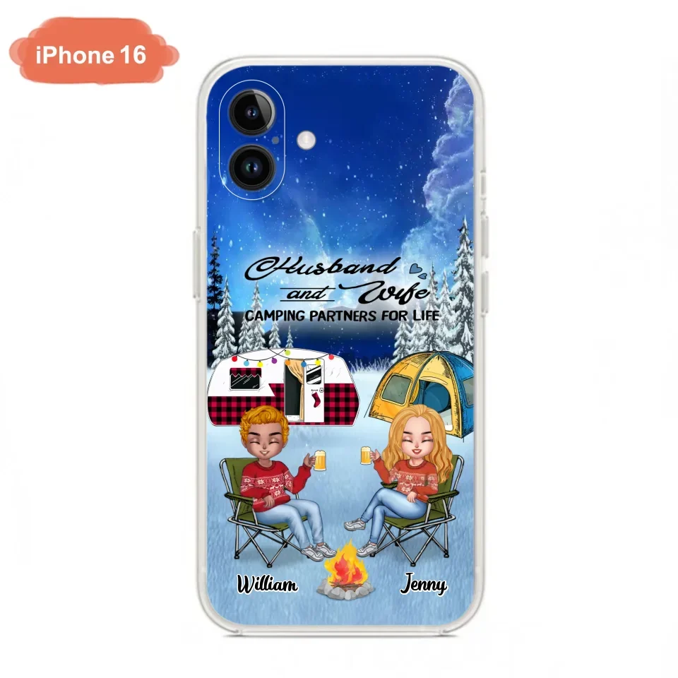 Personalized Camping Couple Xmas Phone Case - Christmas Gift For Couple/Camping Lover/ Dog Lover - Couple With Up to 4 Dogs - Husband And Wife Camping Partners For Life - Case For iPhone And Samsung