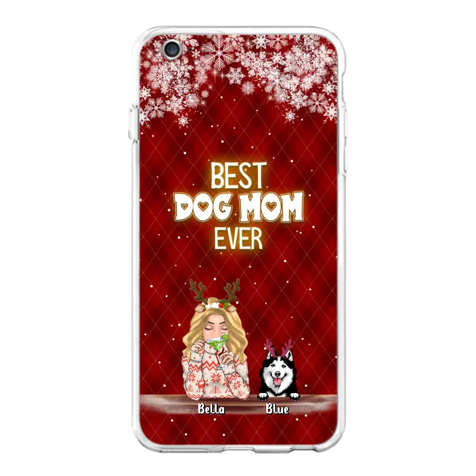 Personalized Christmas Dog Mom Phone Case - Up to 5 Dogs - Christmas Gift Idea For Dog Mom/Dog Lover - Best Dog Mom Ever - Case For iPhone And Samsung