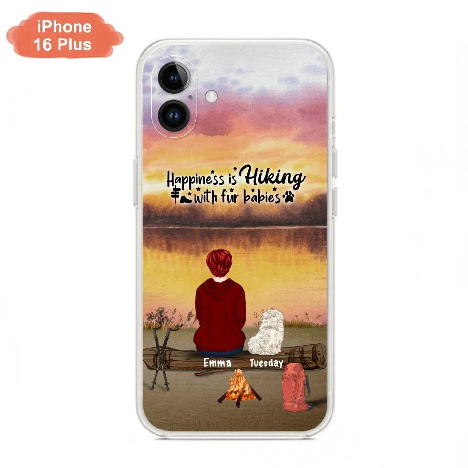 Custom Personalized Hiking Phone Case - Man/ Woman/ Couple With Upto 4 Pets - Gift For Cat/ Dog Lover - Happiness Is Hiking With Fur Babies - Case For iPhone And Samsung