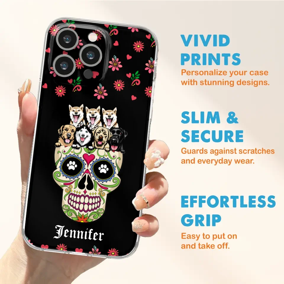 Custom Personalized Sugar Skull Pets Phone Case - Gift for Dog/Cat Lovers - Up to 7 Pets
