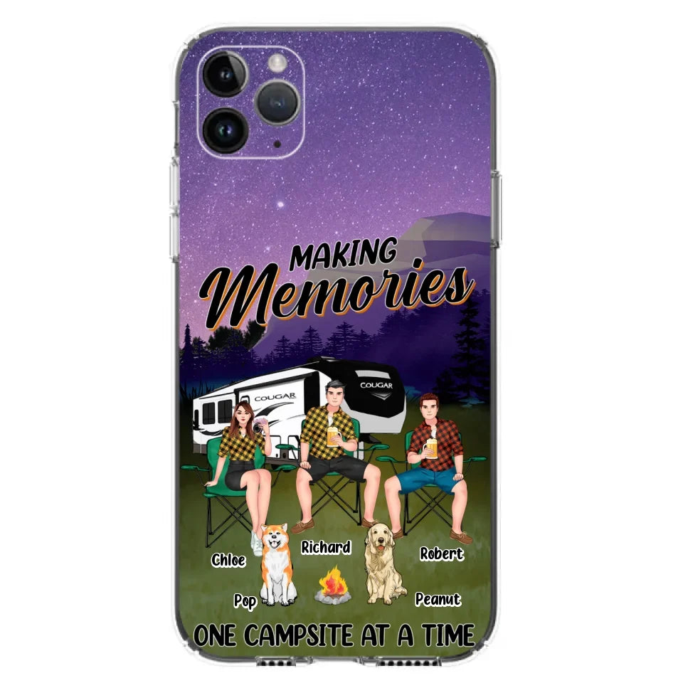 Custom Personalized Camping Phone Case - Gift Idea For Camping Lover/ Friends/ Couple - Upto 3 People And 2 Dogs - Making Memories One Campsite At A Time - Case For iPhone And Samsung