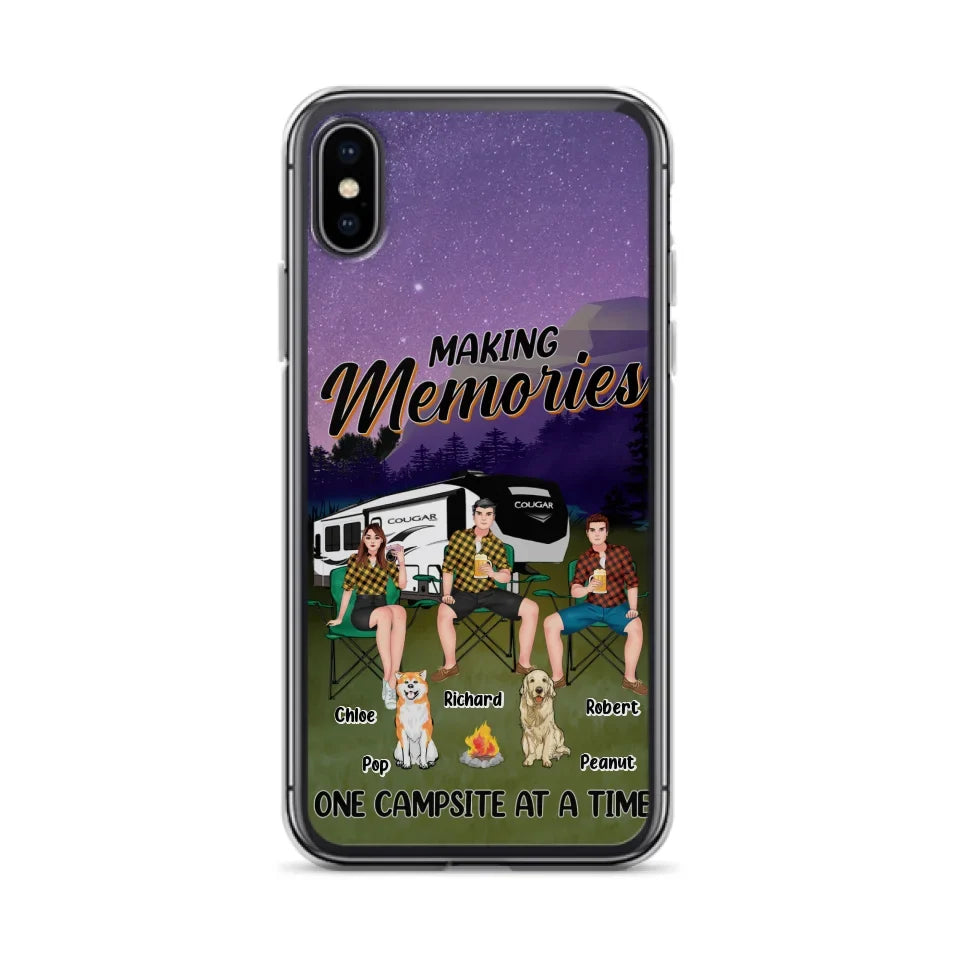 Custom Personalized Camping Phone Case - Gift Idea For Camping Lover/ Friends/ Couple - Upto 3 People And 2 Dogs - Making Memories One Campsite At A Time - Case For iPhone And Samsung