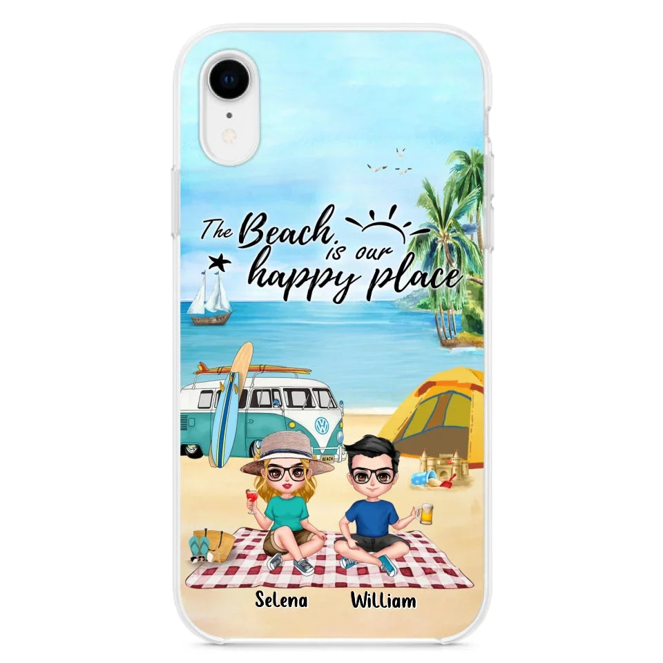 Custom Personalized Summer Beach Picnic Camping Phone Case - Upto 5 People - Gift Idea For Camping Couple/ Friends - The Beach Is Our Happy Place - Case For iPhone And Samsung