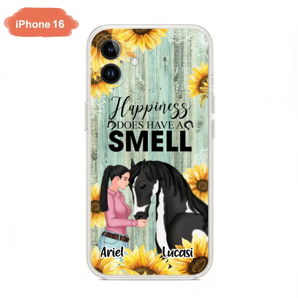 Custom Personalized Horse Girl Phone Case - Up to 3 Horses - Gift Idea for Horse Lover - Happiness Does Have A Smell - Case for iPhone/Samsung