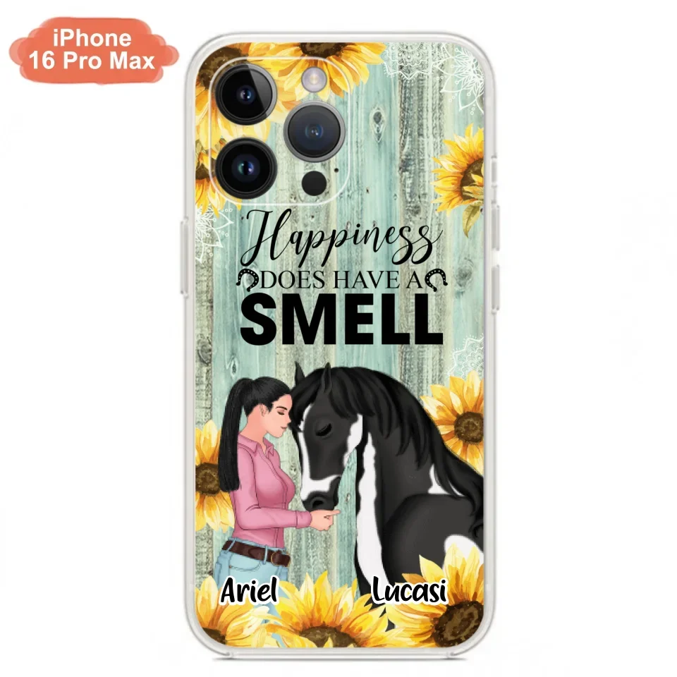 Custom Personalized Horse Girl Phone Case - Up to 3 Horses - Gift Idea for Horse Lover - Happiness Does Have A Smell - Case for iPhone/Samsung