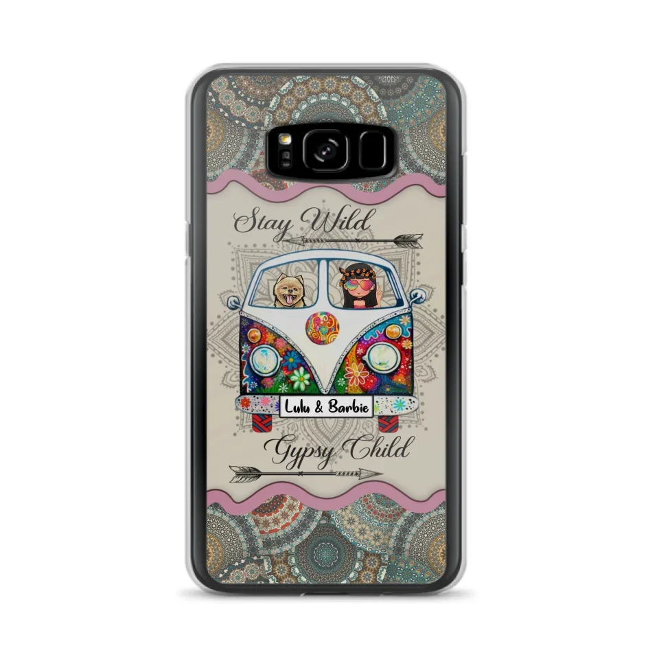 Personalized Hippie Phone Case - Girl with up to 3 Pets - Stay wild gypsy child