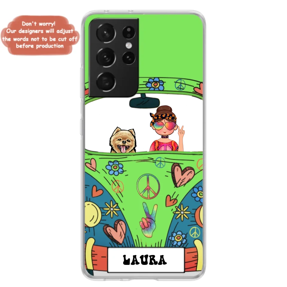 Personalized Hippie Girl Phone Case - Girl with up to 3 Pets - Case for iPhone, Samsung and Xiaomi