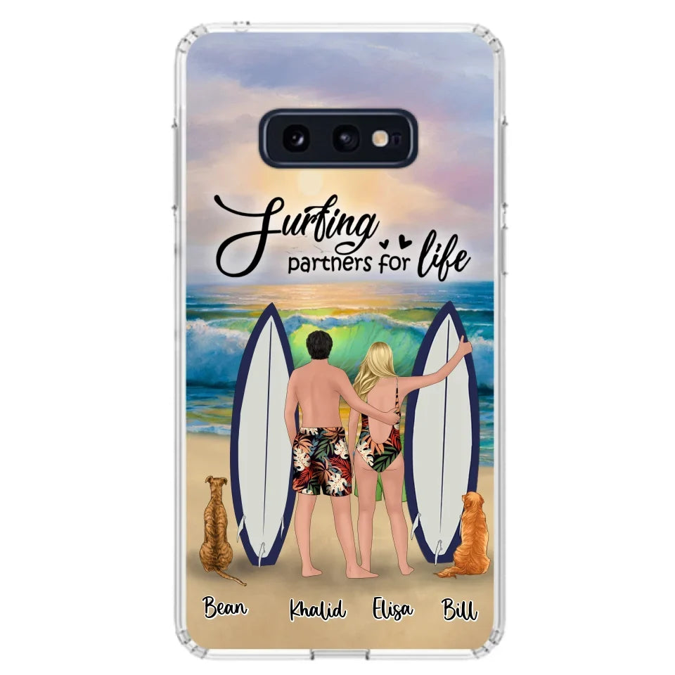 Custom Personalized Surfing Phone Case - Couple And 2 Pets - Phone Case For iPhone and Samsung - Surfing Partners For Life - CCS180