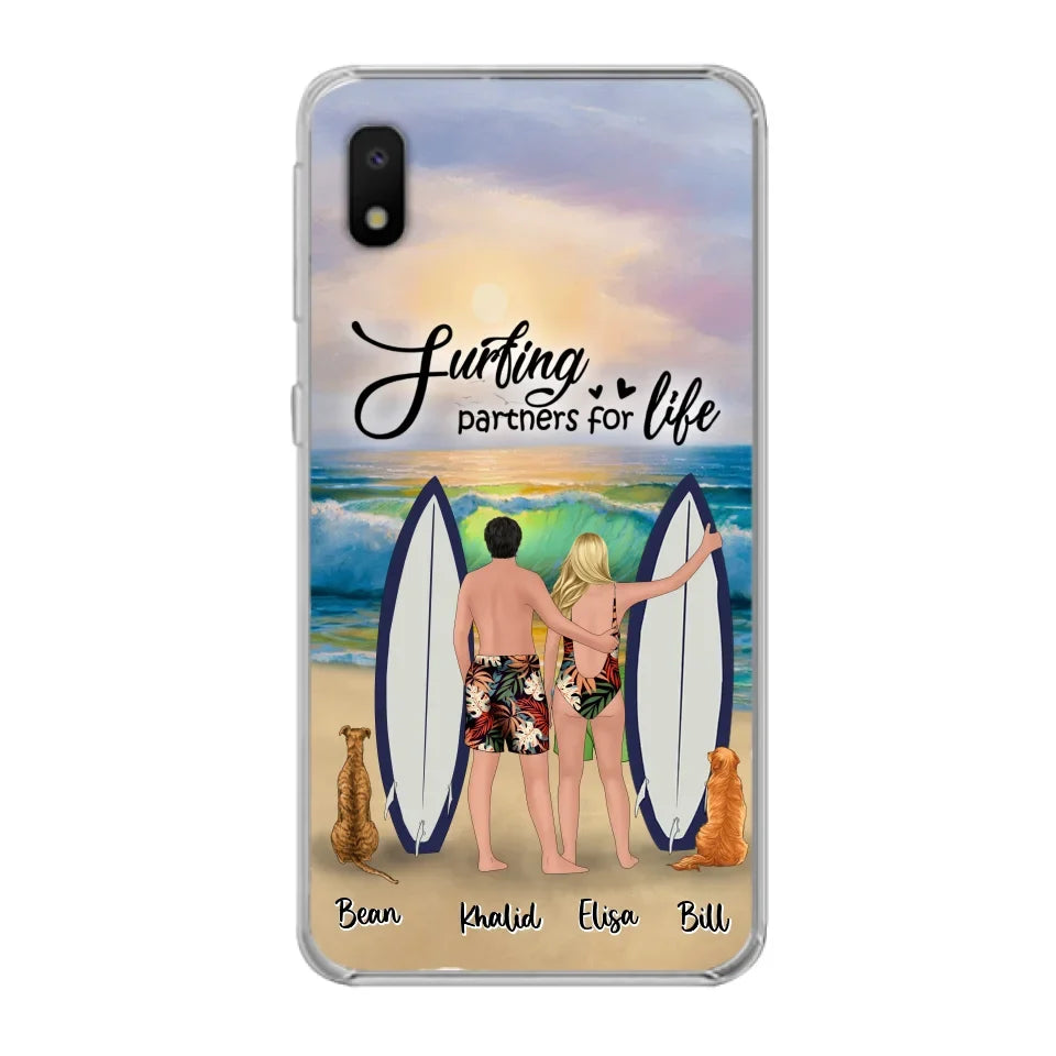 Custom Personalized Surfing Phone Case - Couple And 2 Pets - Phone Case For iPhone and Samsung - Surfing Partners For Life - CCS180