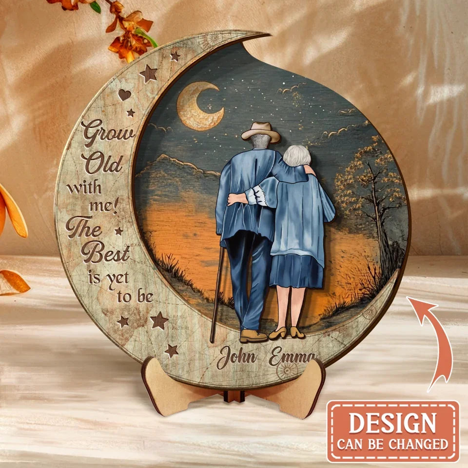 Custom Personalized Old Couple Moon Wooden Art - Gift Idea For Couple - Grow Old With Me