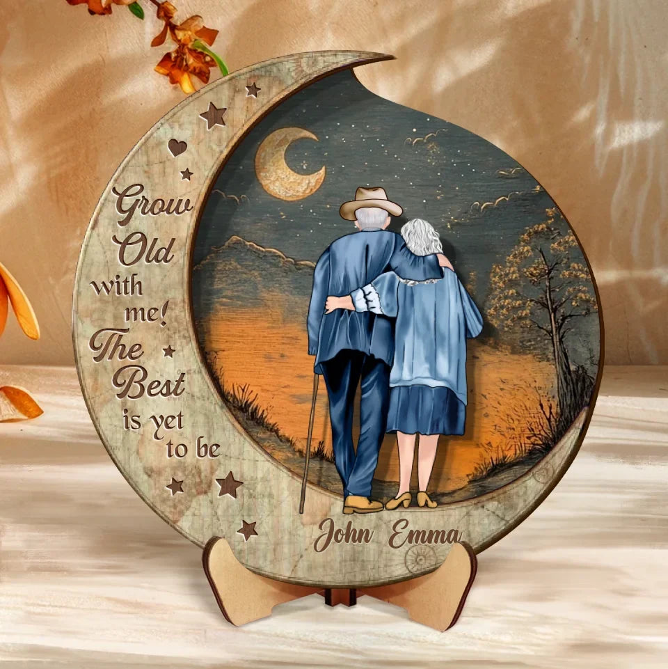 Custom Personalized Old Couple Moon Wooden Art - Gift Idea For Couple - Grow Old With Me
