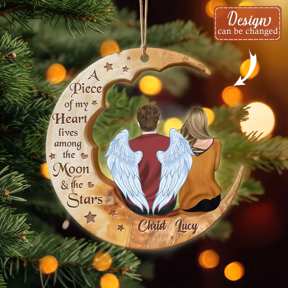 Personalized Memorial Family Moon Wooden Ornament - Memorial Gift Idea For Parent/Husband/Wife/Siblings - Up to 7 People - A Piece Of My Heart Lives Among The Moon & The Stars